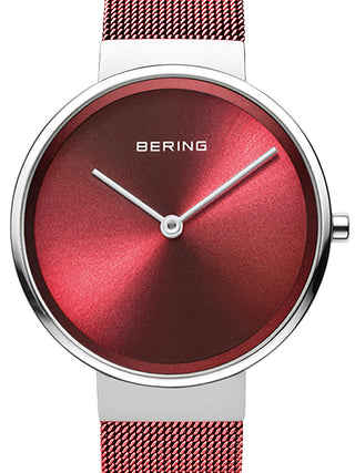 Front view of Bering 14531-303 Red Dial Stainless Steel Womens Watch on white background