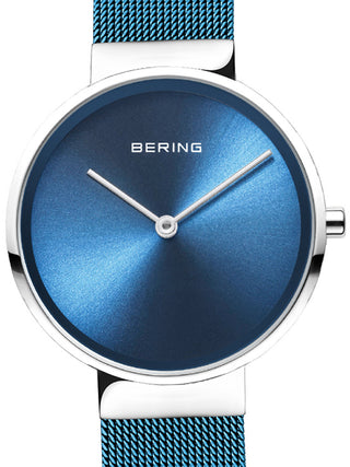 Front view of Bering Classic 14531-308 Blue Stainless Steel Womens Watch on white background