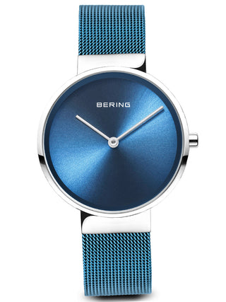 Angle shot of Bering Classic 14531-308 Blue Stainless Steel Womens Watch on white background