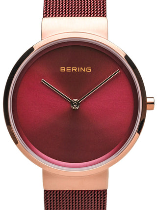 Front view of Bering 14531-363 Red Dial Stainless Steel Womens Watch on white background