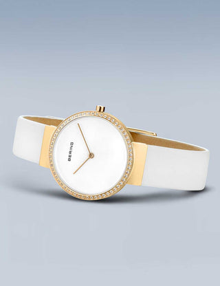 Angle shot of Bering 14531-630 White Leather Womens Watch on white background