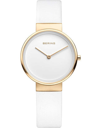 Front view of Bering 14531-634 White Leather Womens Watch on white background