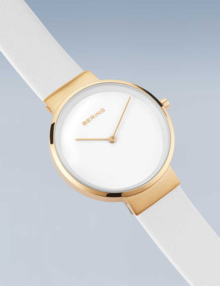 Angle shot of Bering 14531-634 White Leather Womens Watch on white background