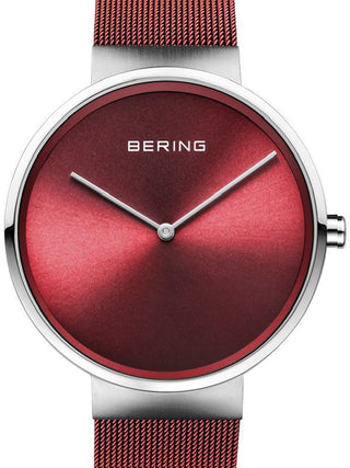 Front view of Bering 14539-303 Red Dial Stainless Steel Unisex Watch on white background