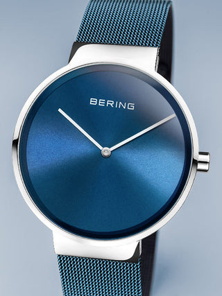 Angle shot of Bering 14539-308 Blue Stainless Steel Unisex Watch on white background