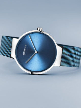 Angle shot of Bering 14539-308 Blue Stainless Steel Unisex Watch on white background