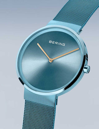 Angle shot of Bering 14539-388 Blue Stainless Steel Womens Watch on white background