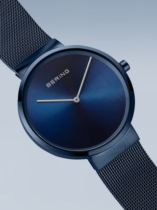 Angle shot of Bering 14539-397 Blue Stainless Steel Unisex Watch on white background