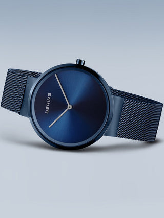 Angle shot of Bering 14539-397 Blue Stainless Steel Unisex Watch on white background