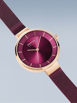 Angle shot of Bering 14631-969 Purple Stainless Steel Womens Watch on white background