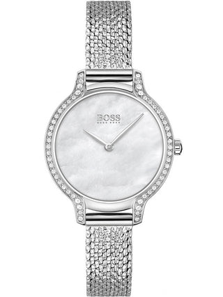 Front view of Hugo Boss 1502558 Mother Of Pearl Dial Silver Stainless Steel Womens Watch on white background