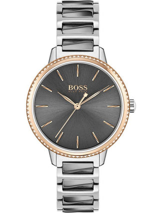 Front view of Hugo Boss 1502569 Grey Stainless Steel Womens Watch on white background