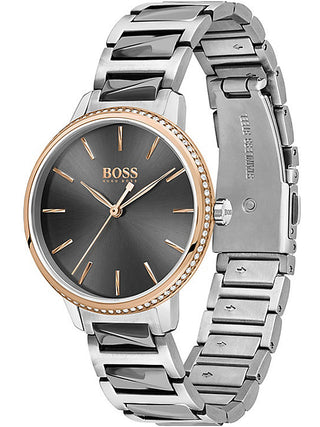 Angle shot of Hugo Boss 1502569 Grey Stainless Steel Womens Watch on white background