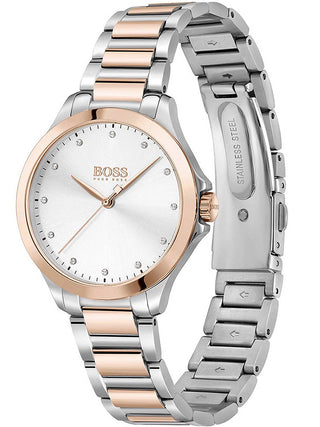 Angle shot of Hugo Boss 1502577 Silver Dial Rose Gold Stainless Steel Womens Watch on white background