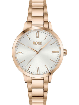 Front view of Hugo Boss 1502582 Rose Gold Stainless Steel Womens Watch on white background