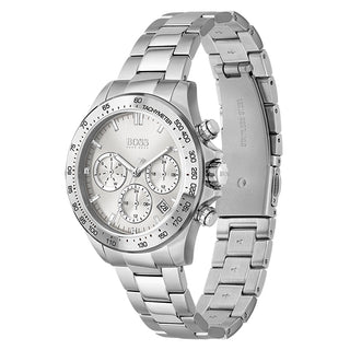 Angle shot of Hugo Boss Chronograph 1502616 Silver White Dial Silver Stainless Steel Womens Watch on white background