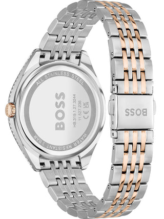 Angle shot of Hugo Boss 1502641 Green Dial Rose Gold Stainless Steel Womens Watch on white background