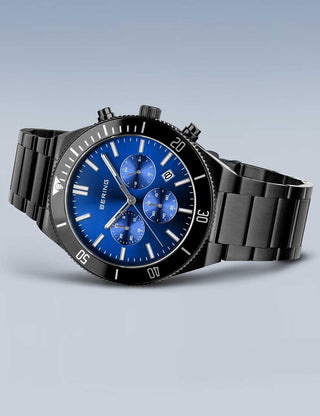 Angle shot of Bering Chronograph 15043-727 Blue Dial Black Stainless Steel Unisex Watch on white background