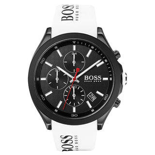 Front view of Hugo Boss Velocity Chronograph 1513718 Black Dial White Silicone Mens Watch on white background