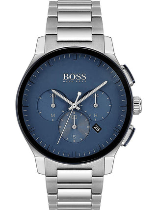 Front view of Hugo Boss Chronograph 1513763 Blue Dial Silver Stainless Steel Unisex Watch on white background