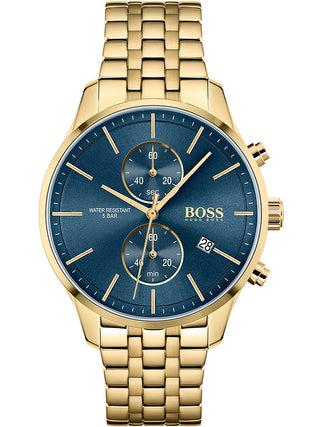 Front view of Hugo Boss Chronograph 1513841 Blue Dial Gold Stainless Steel Mens Watch on white background