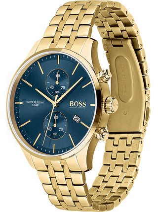 Angle shot of Hugo Boss Chronograph 1513841 Blue Dial Gold Stainless Steel Mens Watch on white background