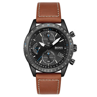 Front view of Hugo Boss Pilot Edition Chronograph 1513851 Black Dial Brown Leather Mens Watch on white background