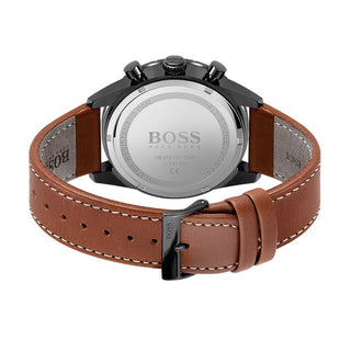 Angle shot of Hugo Boss Pilot Edition Chronograph 1513851 Black Dial Brown Leather Mens Watch on white background