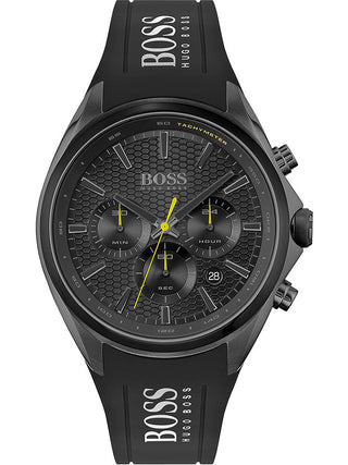 Front view of Hugo Boss Chronograph 1513859 Black Silicone Mens Watch on white background