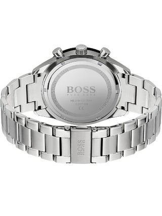 Angle shot of Hugo Boss Chronograph 1513862 Black Dial Silver Stainless Steel Unisex Watch on white background