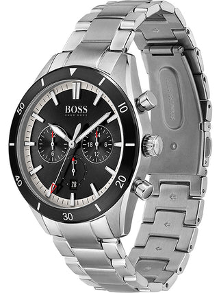 Angle shot of Hugo Boss Chronograph 1513862 Black Dial Silver Stainless Steel Unisex Watch on white background