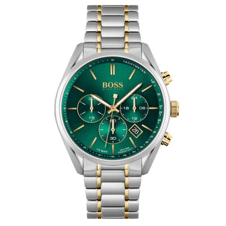 Front view of Hugo Boss Chronograph 1513878 Green Dial Two Tone Stainless Steel Mens Watch on white background