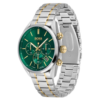 Angle shot of Hugo Boss Chronograph 1513878 Green Dial Two Tone Stainless Steel Mens Watch on white background