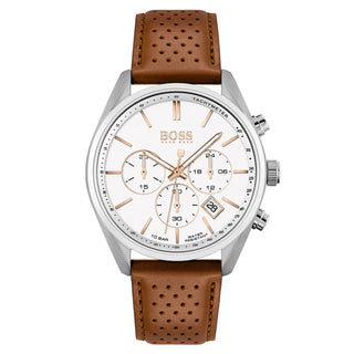 Front view of Hugo Boss Chronograph 1513879 White Dial Brown Leather Mens Watch on white background