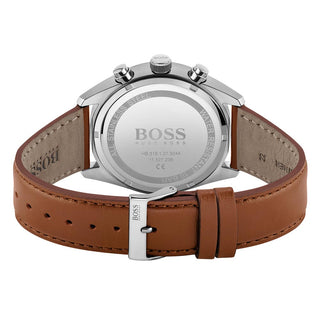 Angle shot of Hugo Boss Chronograph 1513879 White Dial Brown Leather Mens Watch on white background