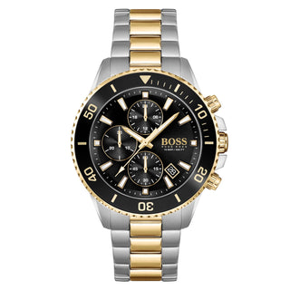 Front view of Hugo Boss 1513908 Chronograph 1513908 Black Dial Two Tone Stainless Steel Mens Watch on white background