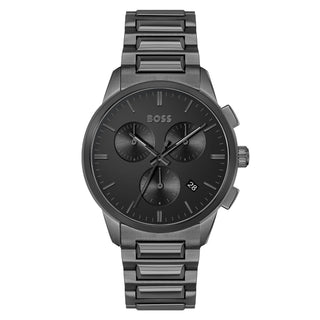 Front view of Hugo Boss Grey Chronograph 1513929 Black Dial Grey Stainless Steel Mens Watch on white background