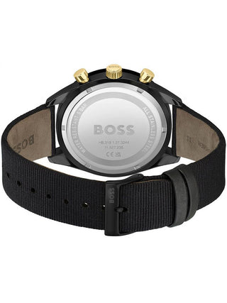 Angle shot of Hugo Boss Chronograph 1513935 Black Leather Unisex Watch on white background