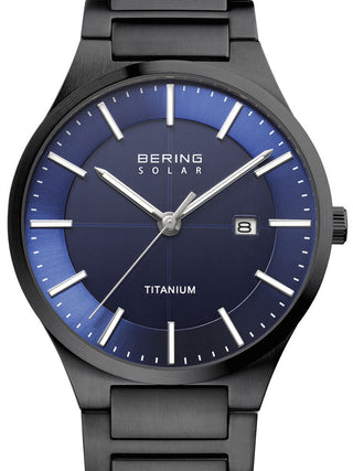 Front view of Bering 15239-727 Blue Dial Black Titanium Unisex Watch on white background