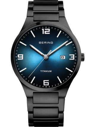 Front view of Bering 15240-727 Blue Dial Black Titanium Unisex Watch on white background