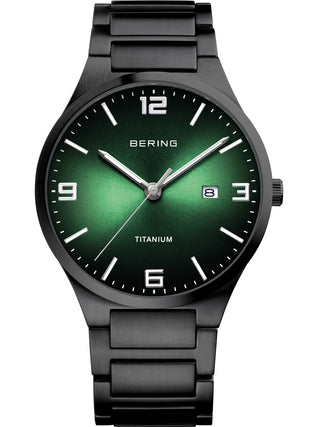 Front view of Bering 15240-728 Green Dial Black Titanium Unisex Watch on white background