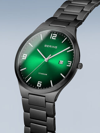 Angle shot of Bering 15240-728 Green Dial Black Titanium Unisex Watch on white background