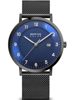 Front view of Bering 15439-327 Blue Dial Black Stainless Steel Unisex Watch on white background