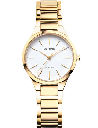 Front view of Bering 15630-734 White Dial Gold Titanium Womens Watch on white background