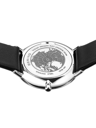 Angle shot of Bering 15729-404 White Dial Black Leather Womens Watch on white background