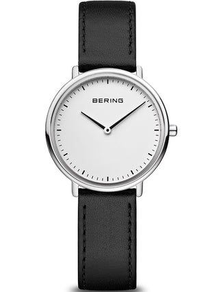 Front view of Bering 15729-404 White Dial Black Leather Womens Watch on white background