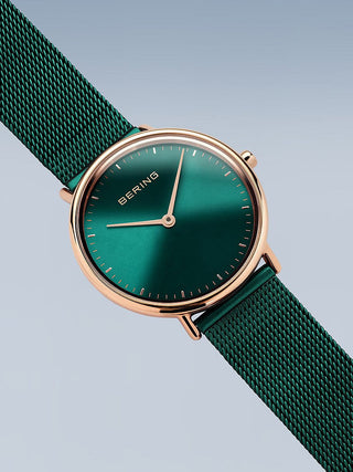 Angle shot of Bering 15729-868 Green Stainless Steel Womens Watch on white background