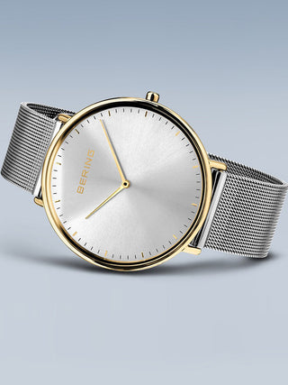 Angle shot of Bering 15739-010 Gold Dial Silver Stainless Steel Unisex Watch on white background