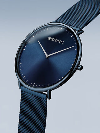 Angle shot of Bering 15739-397 Blue Stainless Steel Unisex Watch on white background