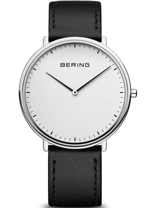 Front view of Bering 15739-404 White Dial Black Leather Unisex Watch on white background